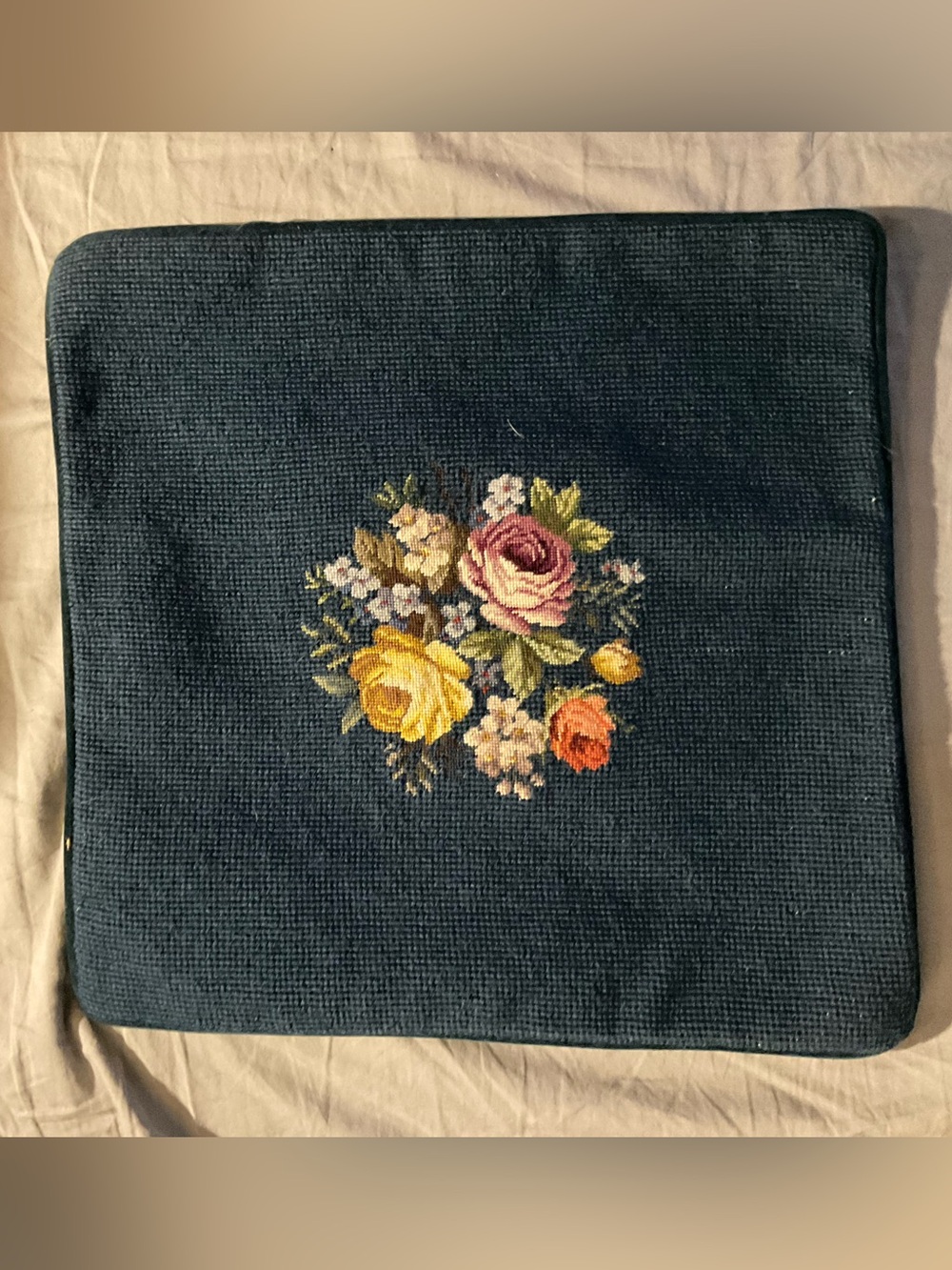 Floral Embroidered Navy Accent Pillow Cover
